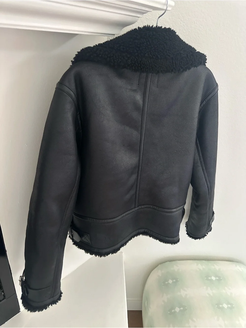 JASON WU 🖤 Cozy Black Vegan Leather & Shearling Moto Jacket Sz Large very Warm